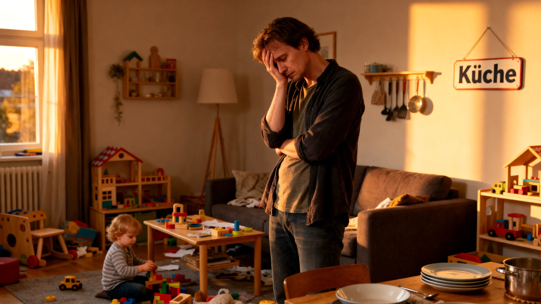 Die Mutter fühlt sich von ihren kleinen Kindern bei den täglichen Haushaltsaufgaben völlig allein gelassen. Trotz wiederholter Bitten räumen die Kinder ihr Zimmer nicht auf, bringen ihr Geschirr nicht in die Küche und helfen nicht beim Aufräumen nach dem Spielen. Die Mutter wechselt zwischen Bitten, Erklären und Schimpfen, ohne dass sich das Verhalten der Kinder nachhaltig verändert. Dies führt zu zunehmender Erschöpfung und Frustration bei der Mutter sowie zu einem angespannten Familienklima."